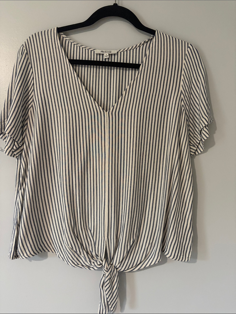 Madewell Navy & White Striped Tie-Hem V-Neck Top